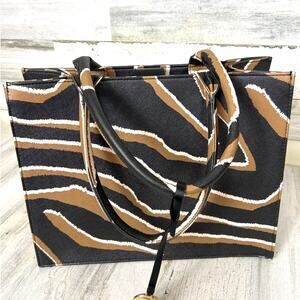 Chico’s Womens Tiger Stripe Structured Tote Bag Faux Leather Gold Logo Purse
